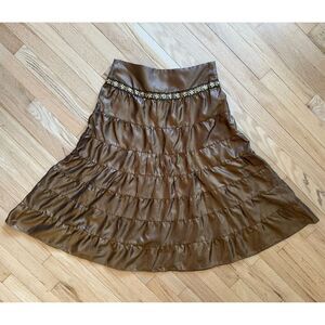 Vintage Y2k Star City Brown Midi Boho Skirt Gold Embellished Tiered Style size M